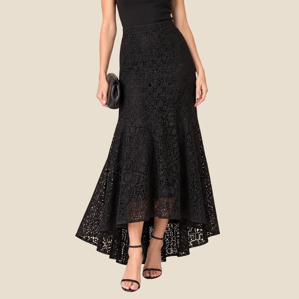 Maeve Anthropologie Black Floral Lace High Low Mermaid Maxi Skirt Size 12